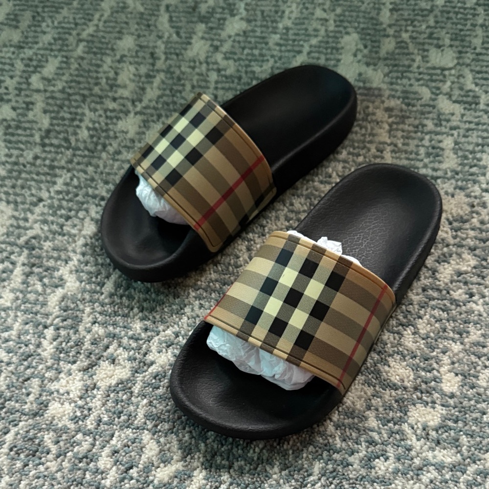 Burberry Plaid Slide Sandals in Black and Tan
